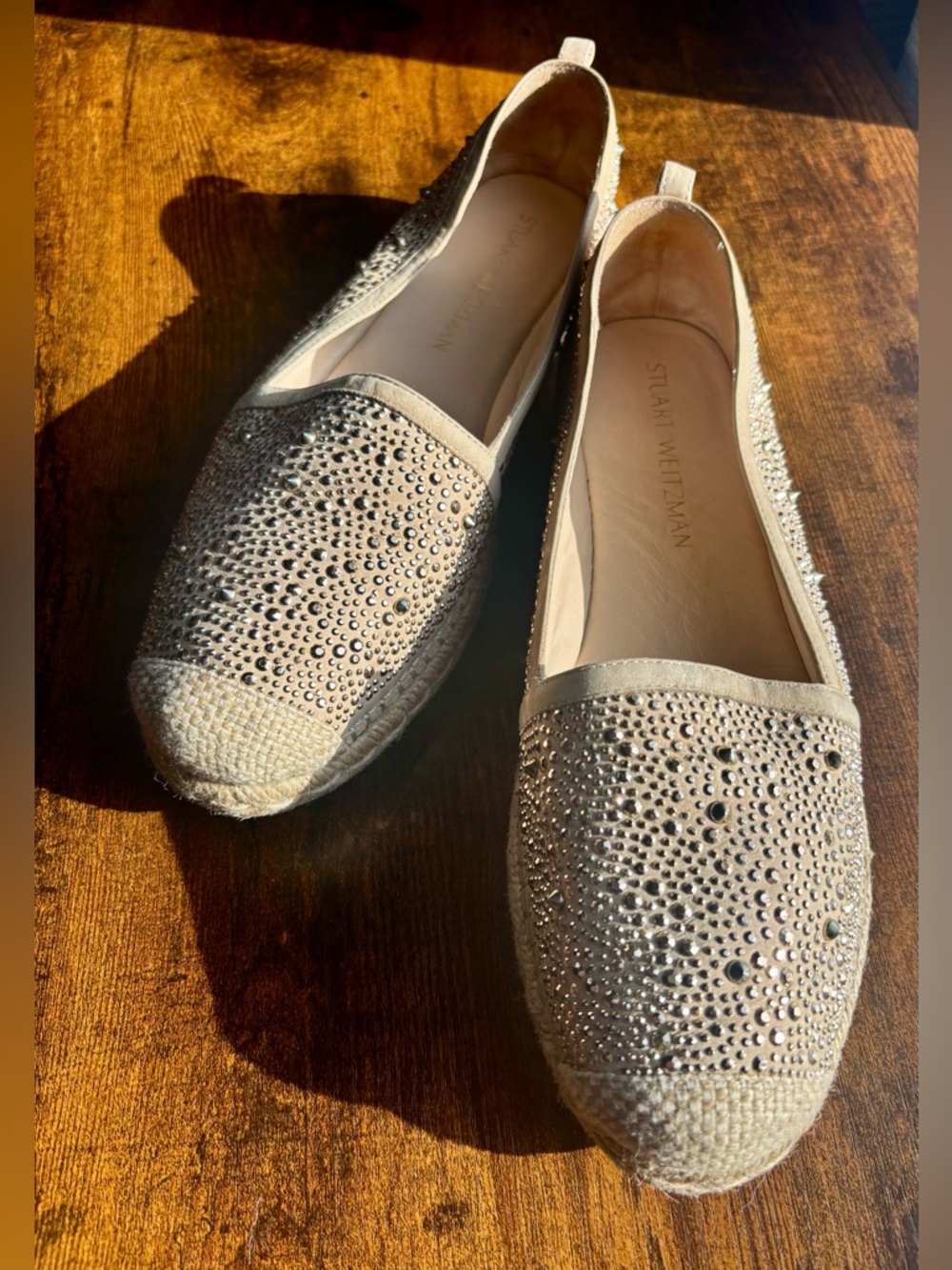 STUART WEITZMAN Nude Gold Rhinestone Espadrille Slip-On - Picture 9 of 10